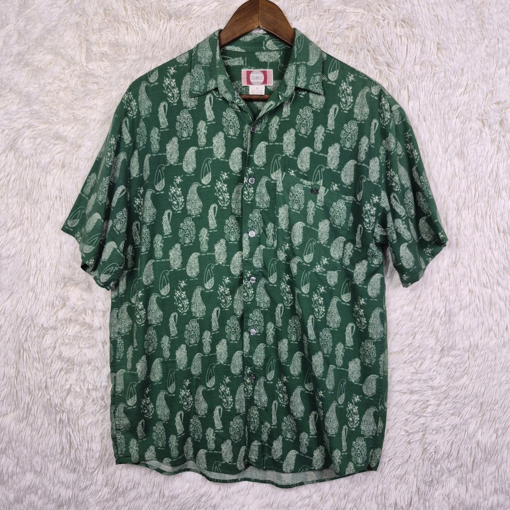 Chiamare Mens Green Paisley Print Rayon Short Sleeve Button Down Shirt Small